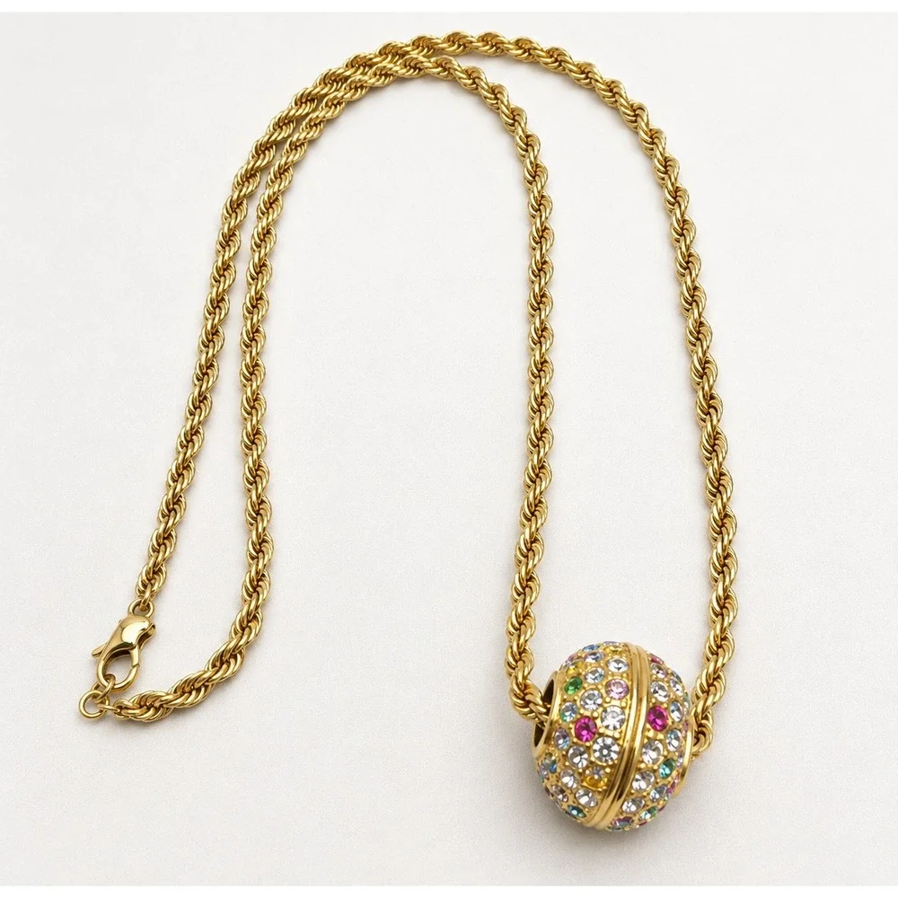 Gold Tone Rope Chain Multicolor Rhinestone Ball Slider Necklace Statement